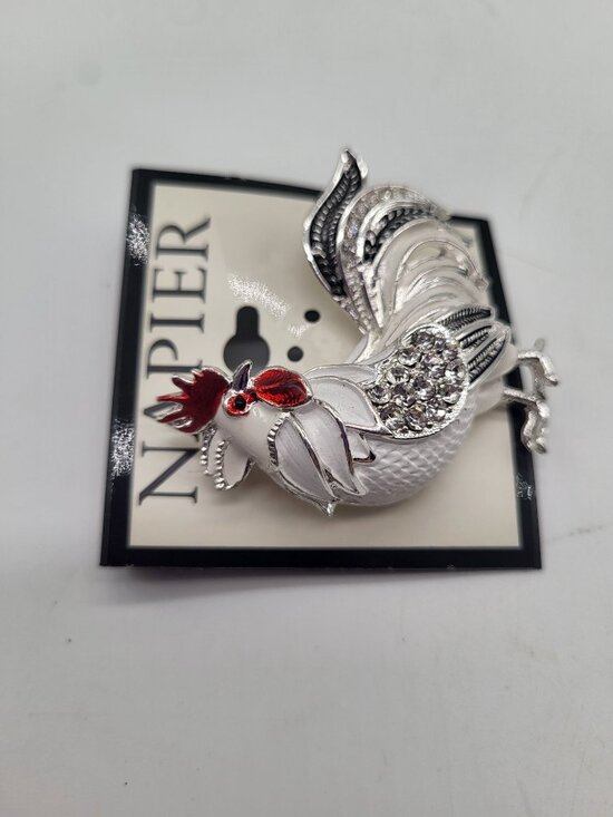 Napier Chicken Rooster Pin Brooch White Red Whimsical Farm Country Silver Tone - Picture 2 of 5